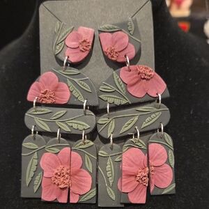 Floral Burgundy, Green, Black Clay Earrings